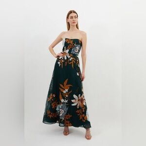 Karen Millen Dark Green Floral Strapless Dress